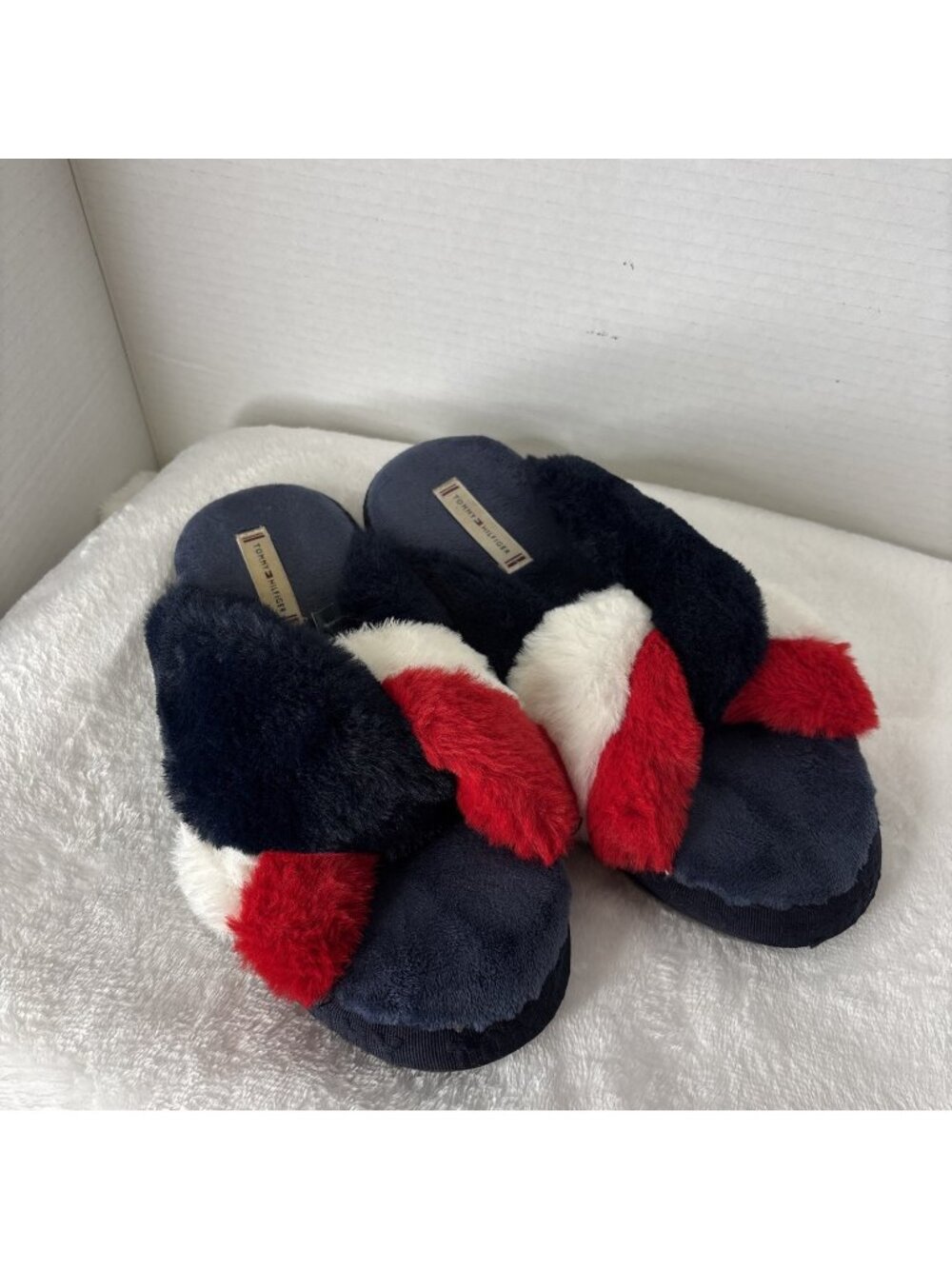 Unisex Kids Tommy Hilfiger RWB Fur Flag Home Slippers Sliders 7.5